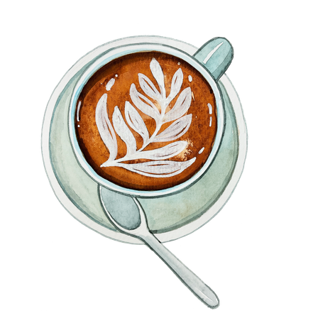 Eine künstlerische Illustration einer Kaffeetasse mit einem Blattdesign auf einer Untertasse und einem Löffel. Die Kaffeetasse ist mit einem warmen, braunen Getränk gefüllt.