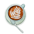 Eine künstlerische Illustration einer Kaffeetasse mit einem Blattdesign auf einer Untertasse und einem Löffel. Die Kaffeetasse ist mit einem warmen, braunen Getränk gefüllt.