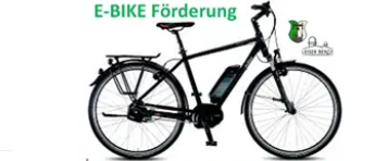 Eine Illustration eines schwarzen E-Bikes mit einer Batteriepackung am Rahmen, auf einem weißen Hintergrund dargestellt. Der Text lautet 'E-BIKE Förderung' und 'Marktgemeinde Ernstbrunn'.