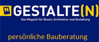 Ein blauer Hintergrund mit dem Magazinlogo für Gestalte(N), das persönliche Bauberatung anbietet. Das Logo zeigt weißen Text auf einem gelben Rechteck mit einer gelben Linie. Unten stehen die Worte 'personliche Bauberatung' in weiß geschrieben.