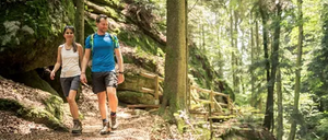 Ein Mann und eine Frau wandern auf einem Pfad im Wald, vorbei an einer Holzbrücke und Felsen.