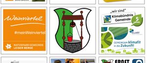 Eine Sammlung von Werbebildern für Ernstbrunn. Eine zeigt eine Flagge, andere haben Logos für Initiativen wie 'Energieteam', 'Gesunde Gemeinde' und 'Klimabündnis Gemeinde'. Einige Bilder zeigen Slogans wie '#meinWeinviertel' und 'Marktgemeinde Ernstbrunn'.