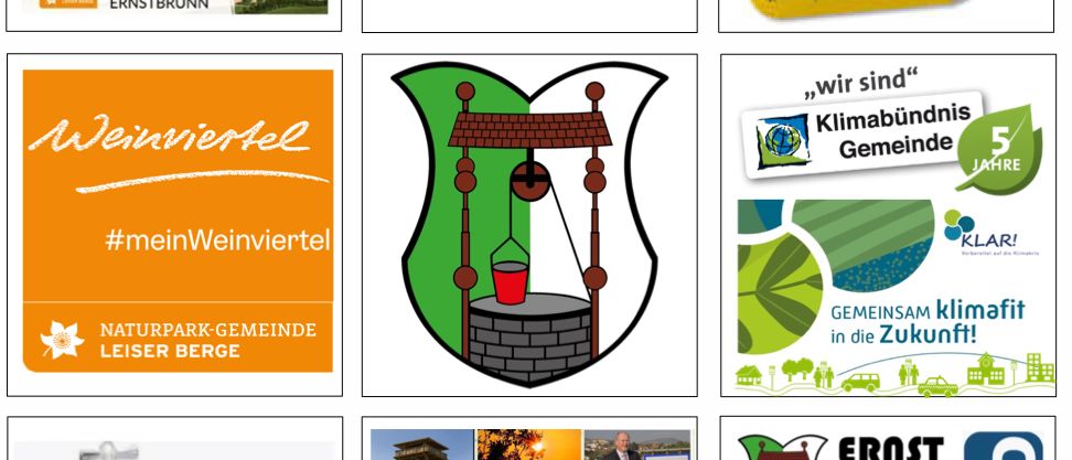 Eine Sammlung von Werbebildern für Ernstbrunn. Eine zeigt eine Flagge, andere haben Logos für Initiativen wie 'Energieteam', 'Gesunde Gemeinde' und 'Klimabündnis Gemeinde'. Einige Bilder zeigen Slogans wie '#meinWeinviertel' und 'Marktgemeinde Ernstbrunn'.