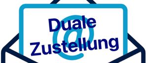 Ein blaues Umschlag-Symbol mit den Worten 'Duale Zustellung' in Weiß. Darunter befindet sich ein Logo für 'Leiser Berge' und 'Marktgemeinde Ernstbrunn' mit einer malerischen Landschaft im Hintergrund.
