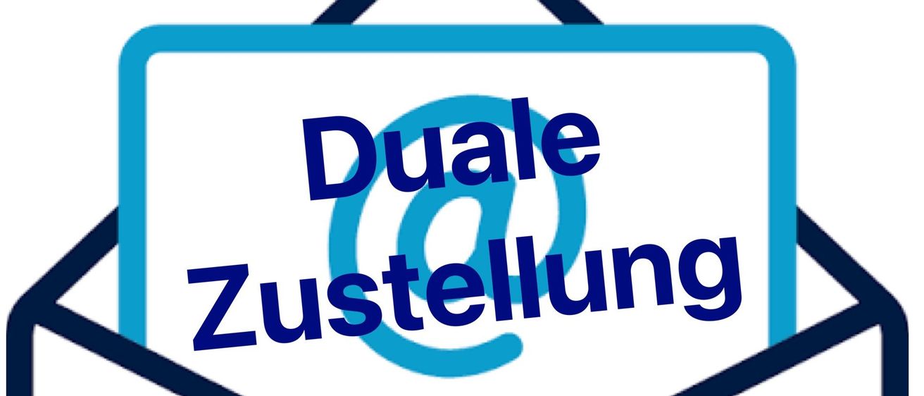 Ein blaues Umschlag-Symbol mit den Worten 'Duale Zustellung' in Weiß. Darunter befindet sich ein Logo für 'Leiser Berge' und 'Marktgemeinde Ernstbrunn' mit einer malerischen Landschaft im Hintergrund.