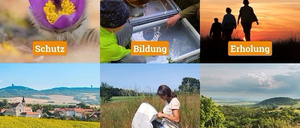 Eine Collage aus sechs Bildern mit Textüberlagerungen: eine lila Blume, Kinder untersuchen etwas in einem Behälter, ein Sonnenuntergang, eine Frau in einem Feld mit einem Netz, ein Dorf mit einer Kirche und eine Frau in einem Feld mit rosa Blumen. Die Textüberlagerungen sind: Schutz, Bildung, Erholung, Regionalentwicklung, Forschung, Klima.