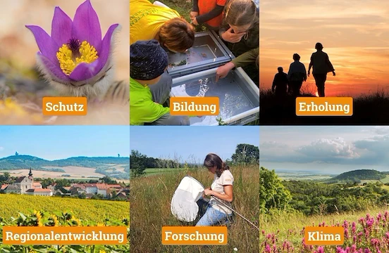 Eine Collage aus sechs Bildern mit Textüberlagerungen: eine lila Blume, Kinder untersuchen etwas in einem Behälter, ein Sonnenuntergang, eine Frau in einem Feld mit einem Netz, ein Dorf mit einer Kirche und eine Frau in einem Feld mit rosa Blumen. Die Textüberlagerungen sind: Schutz, Bildung, Erholung, Regionalentwicklung, Forschung, Klima.