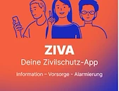 Ein Smartphone-Bildschirm zeigt die ZIVA-App-Oberfläche mit blauem Hintergrund und einer Illustration von drei Personen. Die App bietet Informationen, Fürsorge und Warnungen. Unten ist das Zivischutz Osterreich-Logo zu sehen.