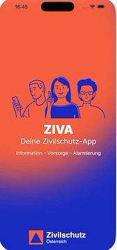 Ein Smartphone-Bildschirm zeigt die ZIVA-App-Oberfläche mit blauem Hintergrund und einer Illustration von drei Personen. Die App bietet Informationen, Fürsorge und Warnungen. Unten ist das Zivischutz Osterreich-Logo zu sehen.