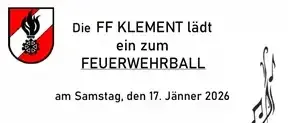 Ein Plakat für einen Feuerwehrball in Klemens, geplant für Samstag, den 17. Januar 2026, im Gasthaus Hösch in Klemens. Die Veranstaltung beginnt um 20:00 Uhr mit Livemusik und Unterhaltung durch Duo Winterbaum. Ein Standbild ist ebenfalls auf dem Plakat abgebildet, und die Reinerts werden für die Beschaffung von Einsatzgeräten erwähnt.