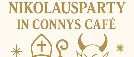 Plakat für Nikolaus- und Krampus-Event im Conny's Café am 6. Dezember 2025 um 19 Uhr. Angeboten werden Glühwein, Punsch, Hotdogs und Musik.