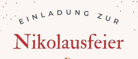 Plakat für Nikolausfeier mit einer fröhlichen Santa-Figur, die einen Stab hält, geplant für den 5. Dezember um 17:30 Uhr im Laumannpark Ernstbrunn. Mit Nikolaus und Krampus.