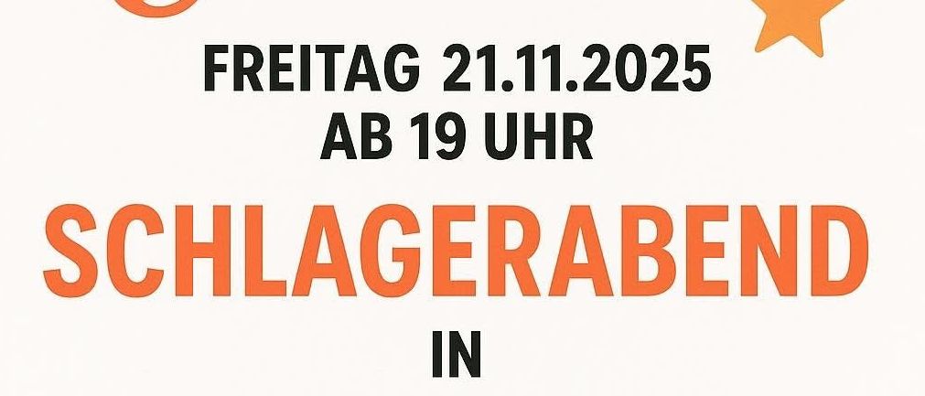 Plakat für Schlagerabend am Freitag, 21. November 2025, ab 19 Uhr in Conny's Cafe, Happy Hour von 21 bis 22 Uhr. Musiknoten und Sterne schmücken das Plakat.