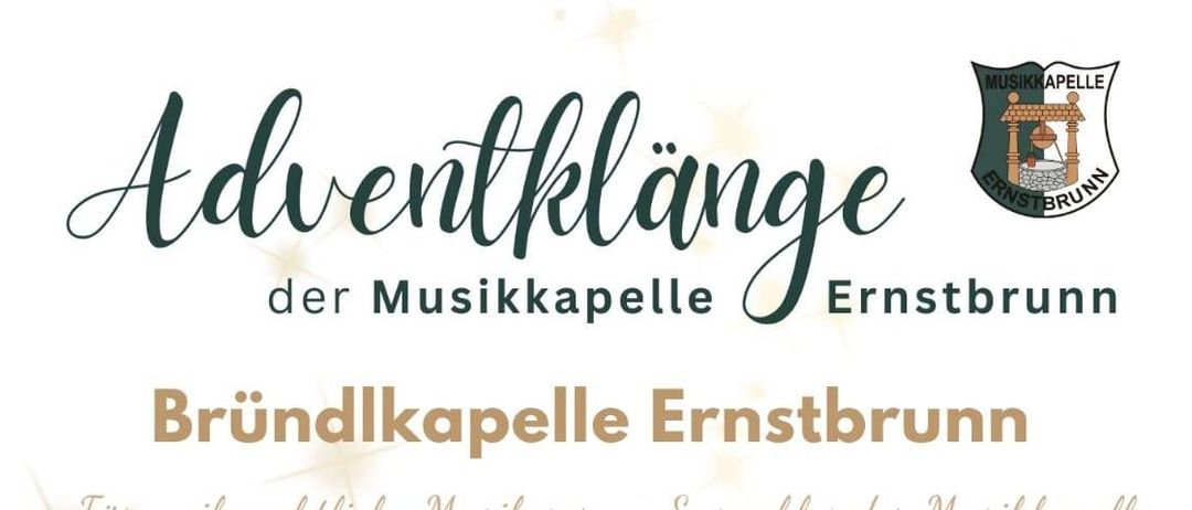 Plakat für Weihnachtsmusik-Veranstaltung in Ernstbrunn, mit einer Kirche, schneebedeckten Bäumen und Erfrischungen. Die Veranstaltung findet am 13. Dezember 2025 um 17 Uhr statt.