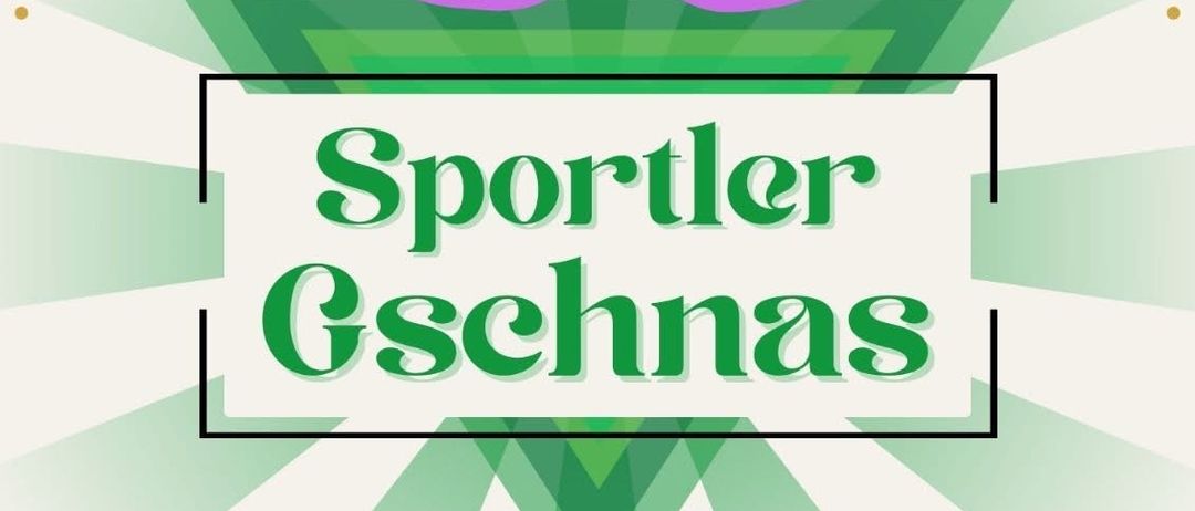Plakat für die Sportler Gschnas-Veranstaltung am Samstag, 14. Februar 2026, um 21:00 Uhr auf dem Sportplatz Ernstbrunn. Der Eintritt beträgt 7 Euro. Buntes abstraktes Design mit Maskensymbol.