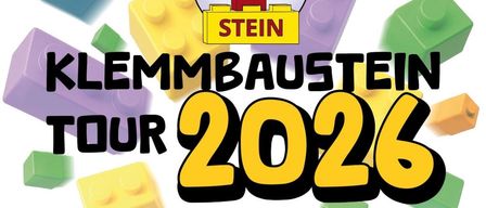 Plakat für die Klemmbaustein Tour 2026, Termine sind der 18. und 19. April, Veranstaltungsort ist die Veranstaltungshalle Ernstbrunn, Hollabrunner Straße 1, 2115 Ernstbrunn, mit Ausstellungen, Buffet und Flohmarkt.