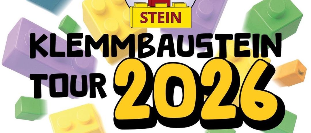 Plakat für die Klemmbaustein Tour 2026, Termine sind der 18. und 19. April, Veranstaltungsort ist die Veranstaltungshalle Ernstbrunn, Hollabrunner Straße 1, 2115 Ernstbrunn, mit Ausstellungen, Buffet und Flohmarkt.