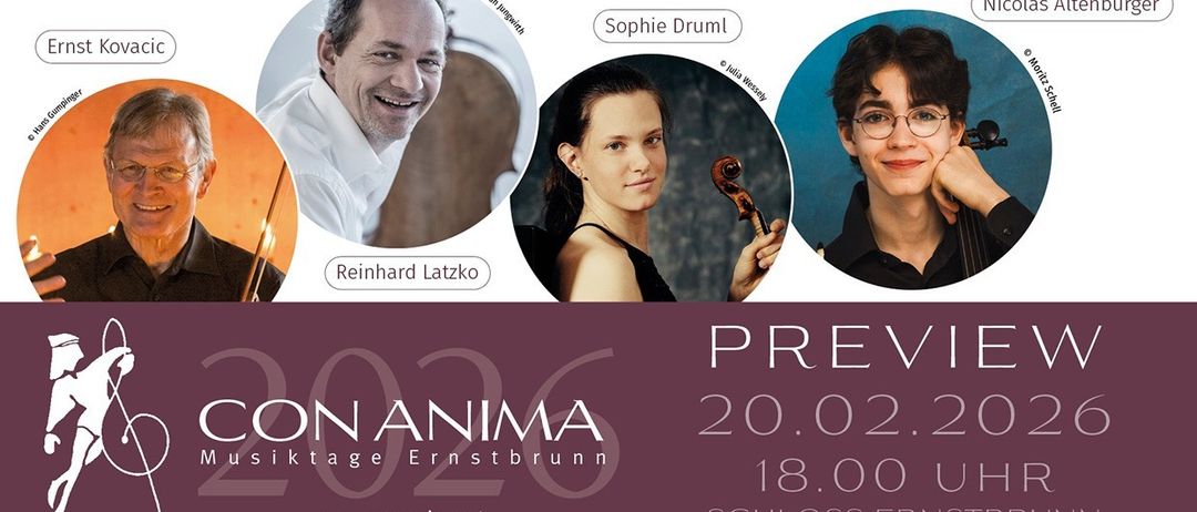 Ein Plakat für das Con Anima Musikevent mit Musikern wie Sophie Druml, Reinhard Latzko und anderen. Der Termin ist 20.02.2020, Zeit 18:00 im Schloss Ernstbrunn. Die Website lautet www.conanima.at.