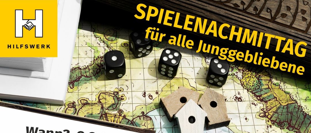 Eine Karte mit Würfeln und Holzhäusern darauf, ein Flyer auf der linken Seite mit Datum und Ort. Der Text auf dem Bild lautet 'Spielenachmittag für alle Junggebliebenen'. Das Datum ist 9.2.2026 und die Zeit ist 14.30. Der Ort ist Hauptplatz 7 Ernstbrunn.