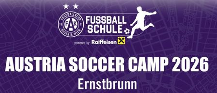 Ein Fußballcamp für Kinder von 6 bis 14 Jahren, vom 10. bis 14. August 2026, in der Sportanlage Ernstbrunn. Training von 9:00 bis 16:00 Uhr, Betreuung von 8:30 bis 16:30 Uhr. Kosten 349€, oder 332€ für Mitglieder und Raiffeisen-Kunden.