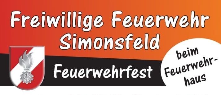 Ein Plakat für das Feuerwehrfest Simonswald. Es enthält einen Zeitplan mit Veranstaltungen, darunter ein Biergarten und Live-Musik der Ernstrumenbande, die am 30. Mai 2026 von 16:00 bis 17:30 Uhr stattfinden.
