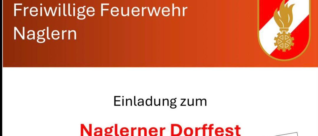 Plakat zur Einladung zum Nagelner Dorffest, verschoben auf den 30.08.2026, auf dem Sportplatz unter dem Nussbaum. Bei schlechtem Wetter findet die Veranstaltung in der Halle der Familie Ullmann (zwischen Hausnummern 28 und 59) statt. Die Mitglieder der FF Nageln freuen sich auf Ihren Besuch!