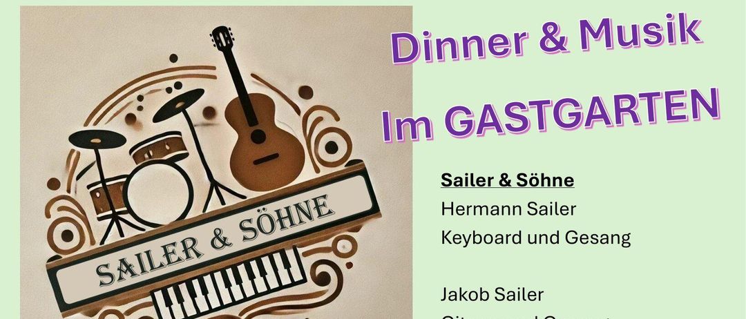 Plakat für die Band Sailer & Söhne mit Logo, Mitgliedernamen und Veranstaltungsdetails. Die Veranstaltung findet am Samstag, 22. August 2026, ab 18:00 Uhr statt.