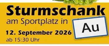 Plakat für eine Gemeinschaftsveranstaltung in Au, mit Getränken, Kürbissen und Aktivitäten für Kinder am 12. September 2026. Die Veranstaltung umfasst Bratwurst, Kürbisschnitzen und regionale Spezialitäten.
