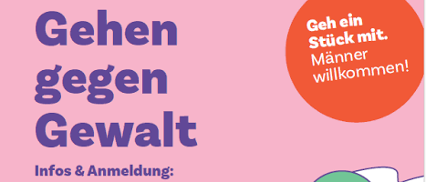 Plakat für eine Wanderveranstaltung von Frauen gegen Gewalt, mit einer Person, die mit einem Slogan in Deutsch läuft. Die Veranstaltung ist für den 10.-13. September 2026 geplant.