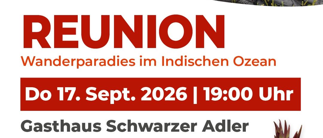 Plakat für eine Wiedervereinigungsveranstaltung mit dem Titel 'Reunion' in Ernstbrunn, Österreich, mit einer tropischen Landschaft und einer leuchtenden Blume. Die Veranstaltung ist für den 17. September 2026 um 19:00 Uhr geplant.
