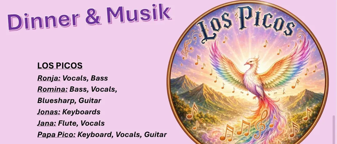 Ein Plakat für ein Musikevent mit der Band Los Picos, bestehend aus Ronja, Romina, Jonas, Jana und Papa Pico. Das Event findet am Samstag, den 10. Oktober 2026, ab 18:00 Uhr statt. Das Plakat enthält ein farbenfrohes Musiknotendesign.