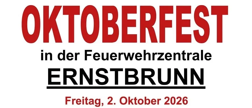 Plakat für eine dreitägige Veranstaltung in Ernstbrunn mit einem Feuerwehremblem, einer Gruppe von Musikern und Details zum Zeitplan und zu den Aktivitäten.