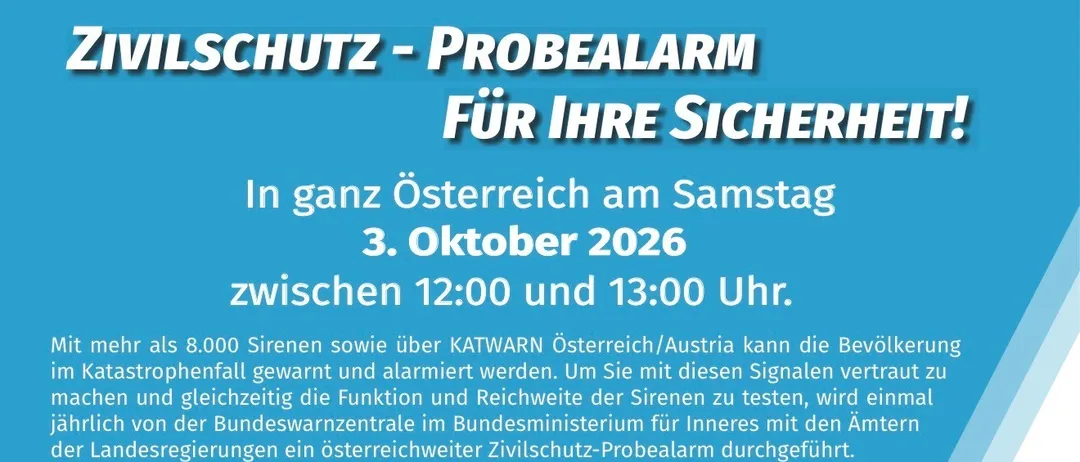 Plakat mit Anweisungen für den Zivilschutzalarm in Österreich. Es enthält eine Karte, Anweisungen für Warn- und Alarmsignale und ein Logo.