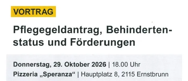 Ein Flyer für eine Präsentation über Pflegegeld, Behindertenstatus und Förderungen, mit einer Person im Rollstuhl.