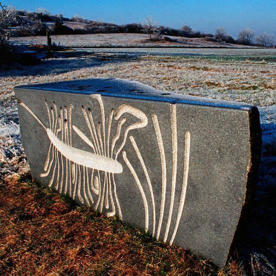 Eine Steinbank mit einem abstrakten Design steht auf einem gefrorenen Feld. Die Bank befindet sich in der Nähe eines Weges mit etwas Gras und Bäumen in der Ferne.