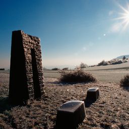 Eine gefrorene Landschaft mit einer großen vertikalen Steinstruktur, die mit Frost bedeckt ist, unter einem strahlend blauen Himmel mit einem hell leuchtenden Sonnenschein.