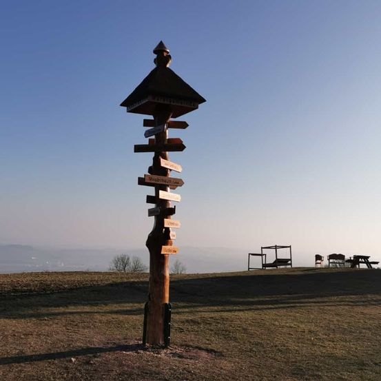 Ein Holzschild mit verschiedenen Pfeilen und Richtungen steht auf einem Hügel. Im Hintergrund befinden sich Bänke und ein Picknicktisch. Der Himmel ist klar und blau.