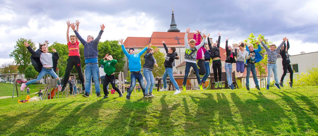 Eine Gruppe von Kindern springt in der Luft, um einen Ball auf einem Rasen unter einem bewölkten Himmel zu fangen.