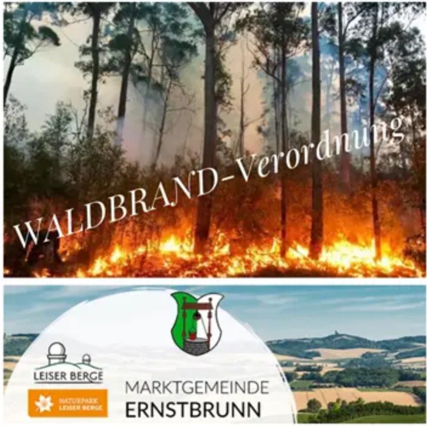 Ein Waldbrand mit Rauch und Flammen ist zu sehen. Die Worte 'Waldbrand-Verordnung' sind in Weiß geschrieben. Unten befindet sich ein Logo mit 'LEISER BERGE' und 'MARKTGEMEINDE ERNSTBRUNN'.