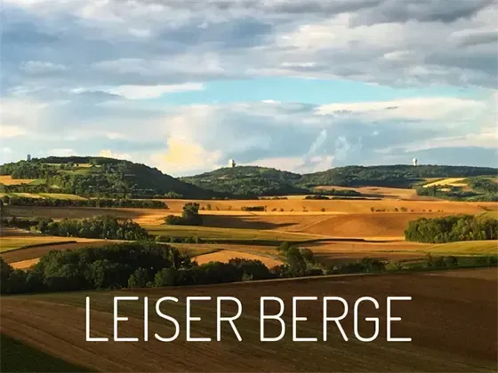 Eine malerische Ansicht der Leiser Berge mit verschiedenen Feldern und Hügeln unter einem bewölkten Himmel. Die Landschaft zeigt eine Mischung aus grünen und braunen Feldern.