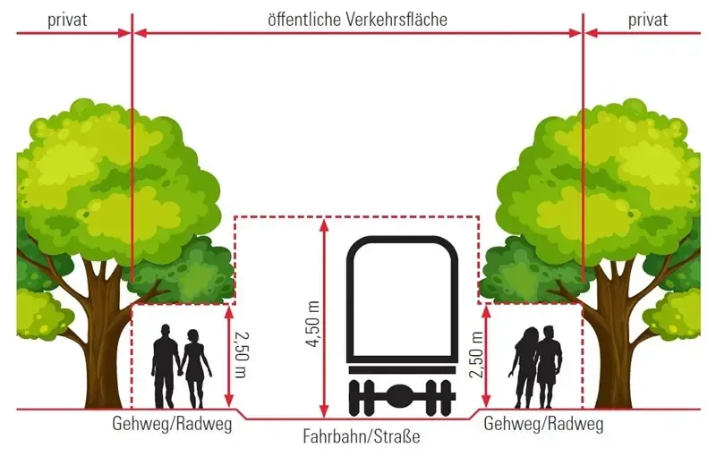 Das Bild zeigt ein Diagramm einer öffentlichen Straße mit zwei Personen, die auf beiden Seiten eines Baumes stehen. Der Baum hat eine Höhe von 9,7 Metern und eine Breite von 4,50 Metern. Der Abstand zwischen den Bäumen beträgt 2,50 Meter.
