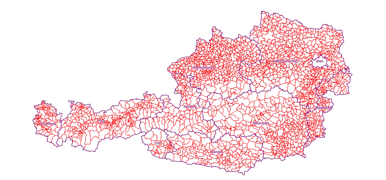 Eine Karte von Österreich, die Regionen wie Salzburg, Tirol und Kärnten hervorhebt. Die Karte verwendet ein rotes und lila Farbschema.