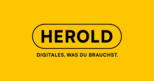 Das Logo für Herold, ein Unternehmen für digitale Dienstleistungen, zeigt den Schriftzug 'Herold' in fetten schwarzen Buchstaben auf hellgelbem Hintergrund. Darunter steht der Slogan 'Digitales, was du brauchst', was 'Digitales, was du brauchst' bedeutet.
