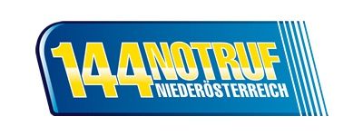 Ein blau-weißes Logo mit dem Text '144NOTRUF' in gelber Schrift über dem Text 'NIEDEROSSTERREICH' in weißer Schrift.