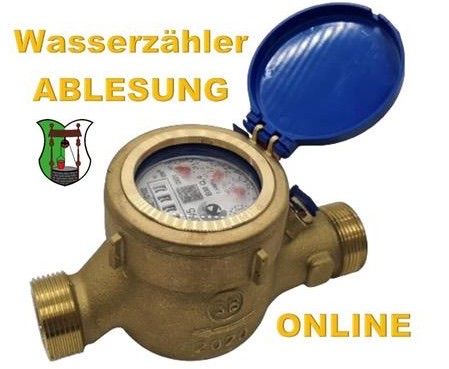 Ein Wasserzähler mit den Worten Wasserzähler ablesung ist abgebildet. Er hat einen blauen Deckel, ein Messgerät und einen Messingkörper mit Goldakzenten. Der Zähler hat ein grünes Logo auf der linken Seite und das Wort online unten rechts.