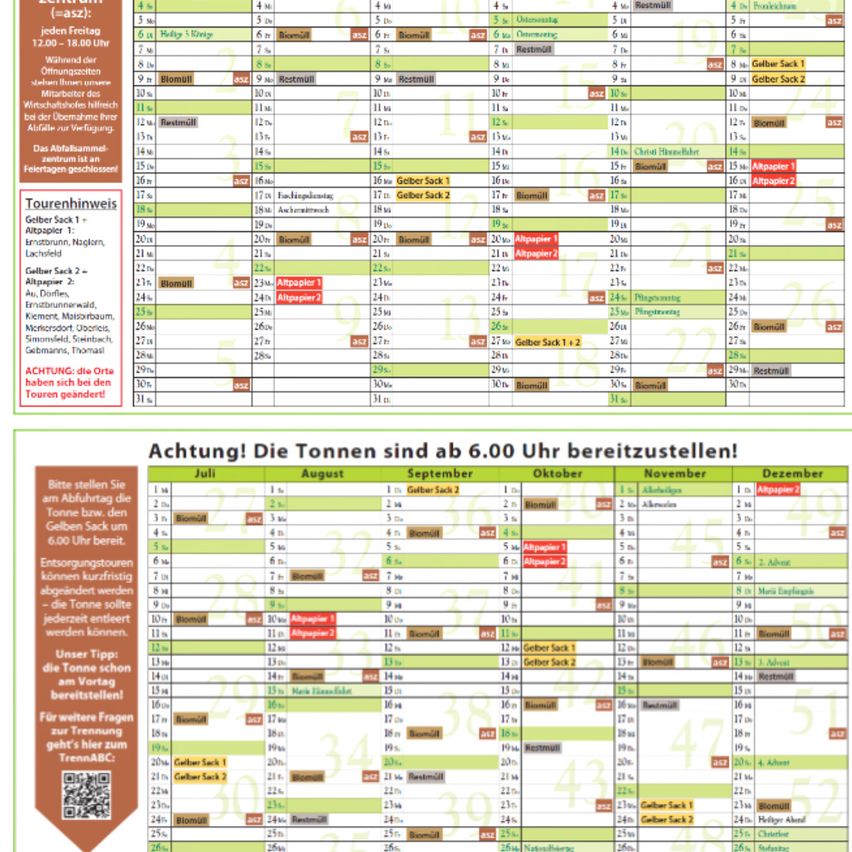 Tabelle mit Prozentsätzen verschiedener Kategorien wie Restmüll, Biomüll und andere für verschiedene Monate und Orte. Auffällig sind die Präsenz von Gebir Sack und Alpapier. Darunter ein Hinweis, die Tonnen bis 6 Uhr bereitzustellen. Weiter unten ein Zeitplan, wann die Tonnen abgeholt werden.