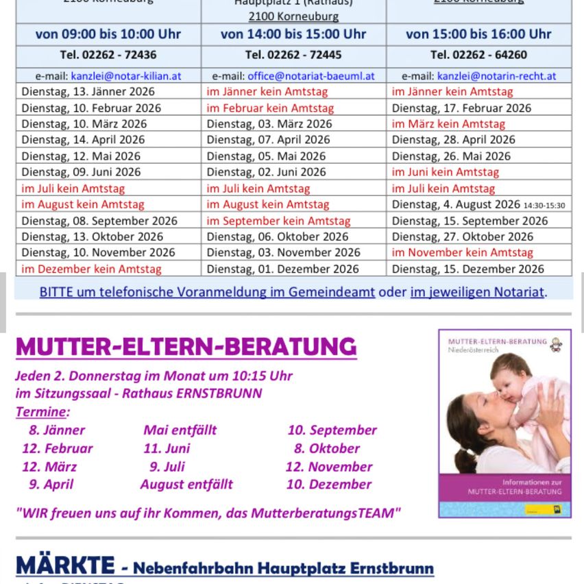 Das Bild zeigt einen Zeitplan für Notartermine und Beratungen für Mütter und Eltern. Notartermine finden von 9:00 bis 10:00 Uhr und von 14:00 bis 15:00 Uhr an zwei Standorten statt. Beratungen für Mütter und Eltern finden jeden zweiten Donnerstag um 10:15 Uhr im Rathaus Ernstbrunn statt. Kontaktdaten für Terminvereinbarungen und Beratungen sind angegeben.