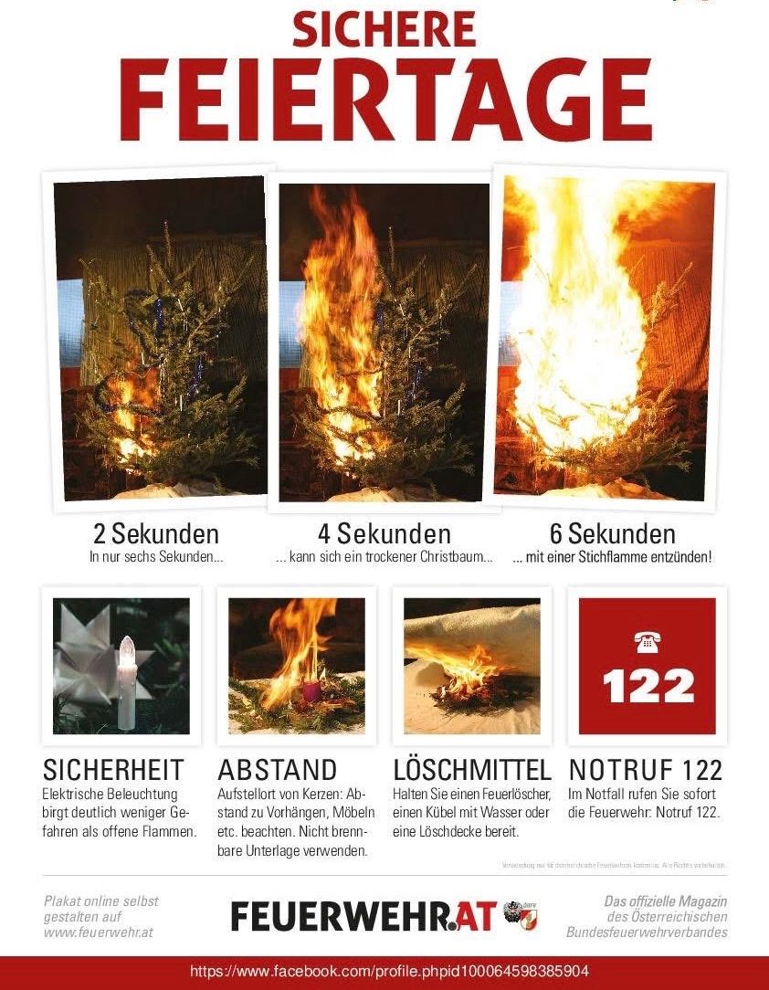 Ein Bild zeigt einen brennenden Weihnachtsbaum in Stufen von 2 bis 6 Sekunden, gefolgt von Sicherheitstipps, einschließlich des Bereithaltens eines Feuerlöschers oder eines Wassereimers. Rechts unten steht die Notrufnummer 122.