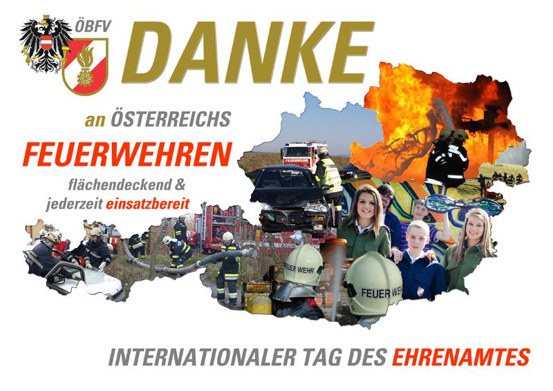 Ein Plakat mit verschiedenen Feuerwehrszenen und Texten auf Deutsch. Es heißt 'Danke an Österreichs Feuerwehren' und 'Internationaler Tag des Ehrenamtes'.