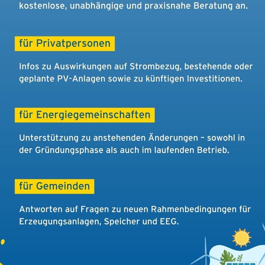 Ein Infografik, das kostenlose, unabhängige und praktische Beratung für Privatpersonen, Energiegenossenschaften und Gemeinden zu Auswirkungen auf das Stromnetz, bestehende oder geplante PV-Anlagen und zukünftige Investitionen bietet.